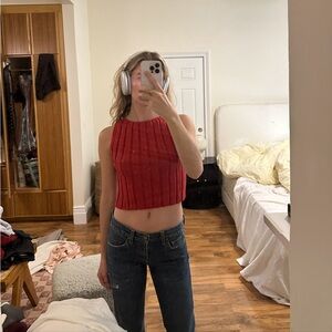 Reformation Red Sleeveless Ribbed Crop Top in Cotton